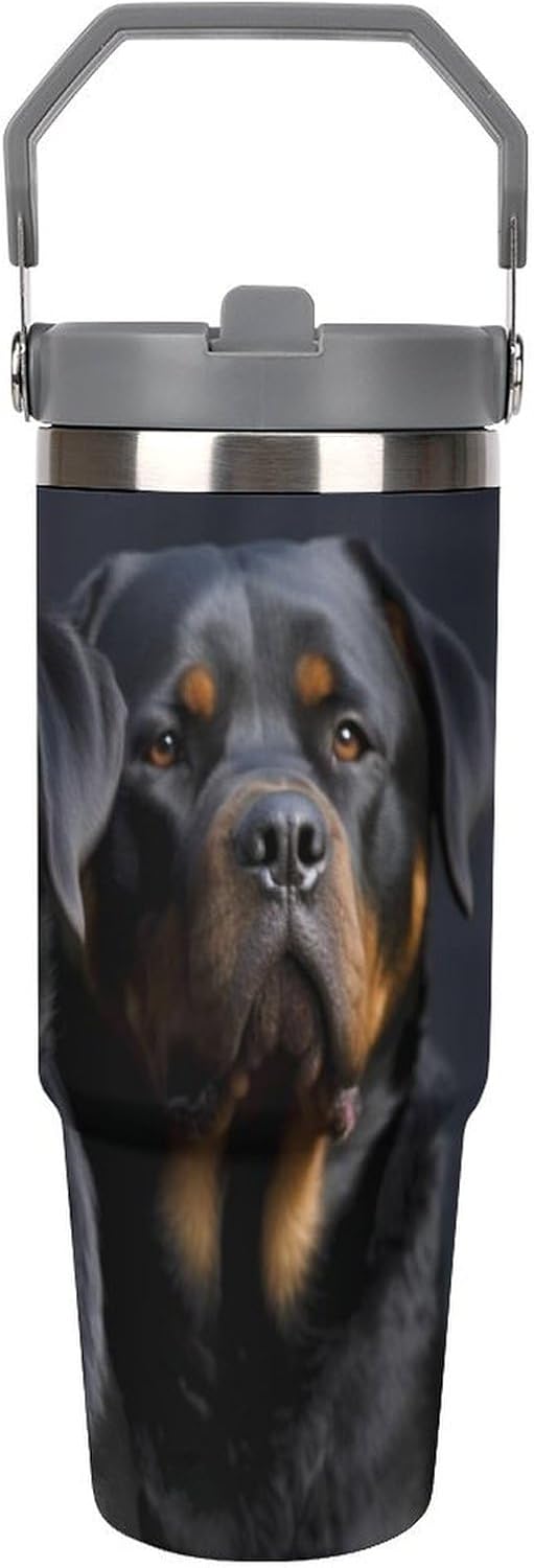 30oz Insulated Tumblers with Top Handle, Stainless Steel Dog Wallpaper Car Cup with Straw for Gift, Leak-Proof Double Wall Vacuum Travel Mug, Personalized Water Bottles White