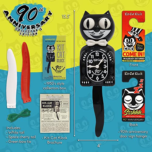 Kit Cat Klock The Original 90Th Anniversary Limited Edition With Collectors Box, Black Kit Cat Wall Clock With White Bow Tie, Pendulum Tail And Moving Eyes, Ideal As A Vintage Home Decoration #TOP3