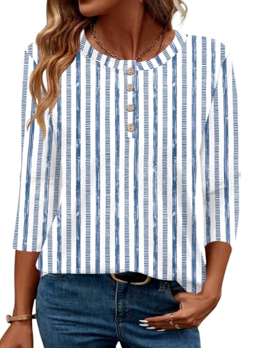 LOMON 3/4 Length Sleeve Womens Tops Crewneck Tunic Shirts Blue Stripe M
