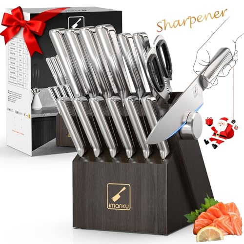 Knife Sets for Kitchen with Block imarku G14 Japanese Knife Set Stainless Steel Kitchen 14pcs, Built-in Sharpener, Sharp Knives with Non-slip Ergonomic Handle - Dishwasher Safe, Home Essenti