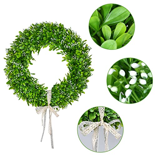 Lvydec Artificial Boxwood Wreath Decoration - 15" Spring Wreath With White Seeds And Silk Ribbon For Front Door Wall Window Decoration #TOP1