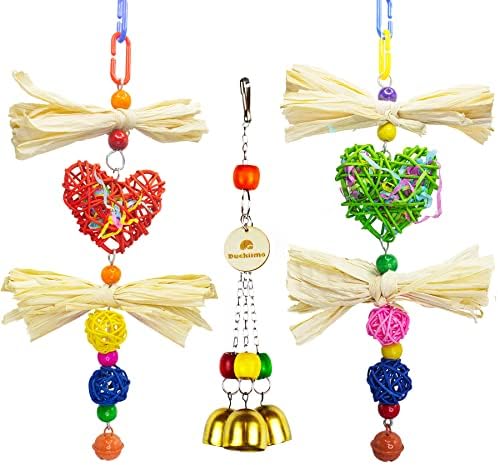 Duckiimo Chewing Toys,Bird Copper Bell Toys,Handmade Bird Cage Foraging Hanging Toy for Small Bird Parakeets, Conure, Cockatiels, Lovebirds, Budgies, Mynahs, Green Red Yellow