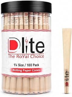 Dlite | 1¼ Size 100 Pack 84 MM | Rolling Paper Cones | Unbleached Natural Pre-Rolled Cones | Vegan Classic Pre rolled paper with Tip | Includes Packing stick
