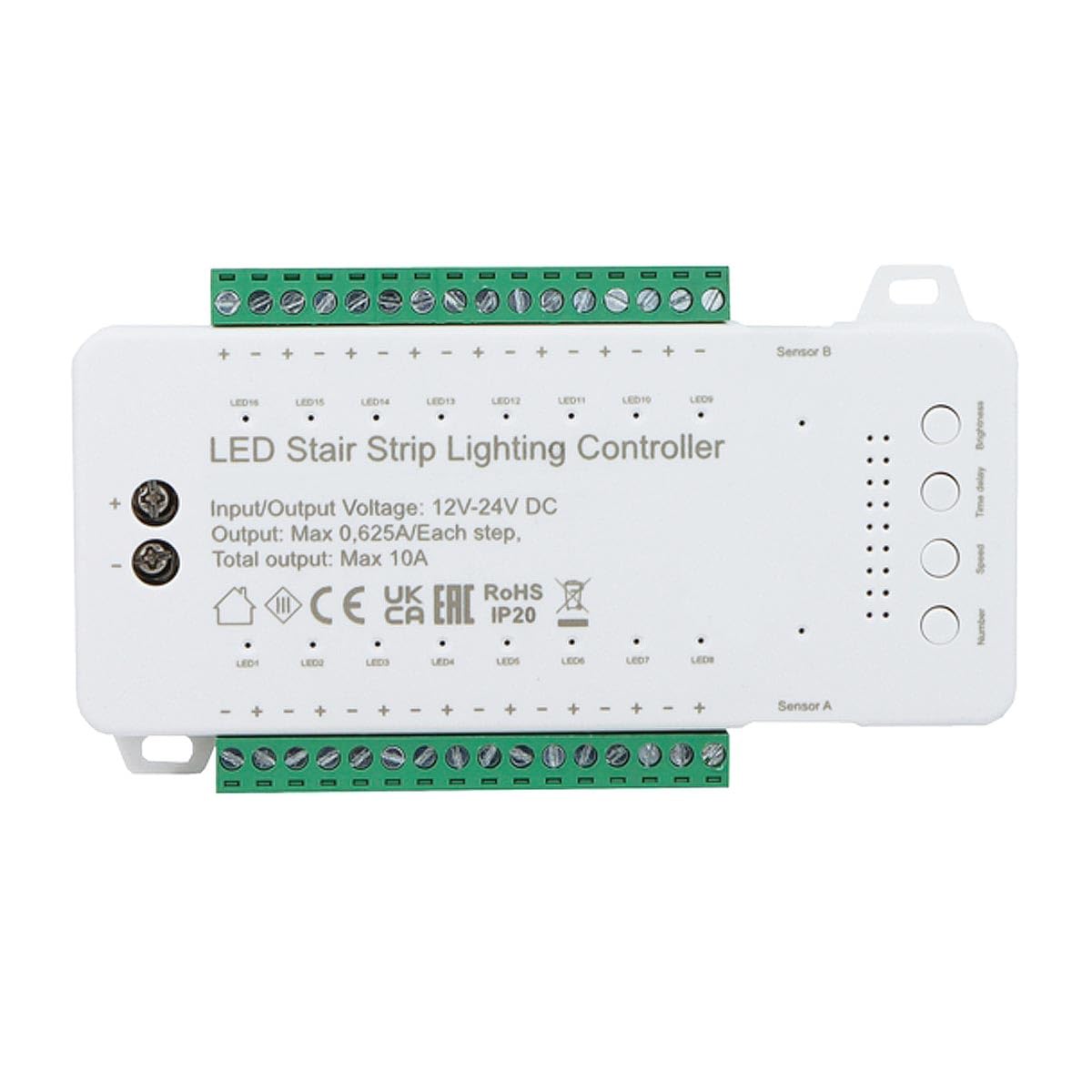 STEP Treppen-Stufen-Controller mit 2 PIR Sensoren | Automatische LED-Treppenbeleuchtung für bis zu 16 Stufen | 12V/24V DC | Einstellbare Helligkeit, Geschwindigkeit & Verzögerung | Weiß