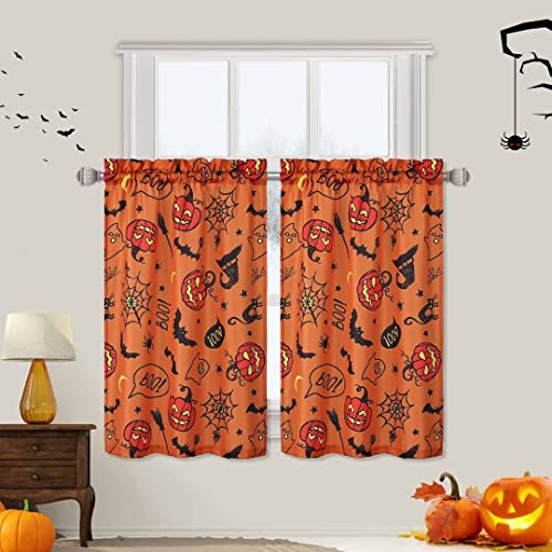 LuxFocus Rideau d'Halloween de cuisine, décoration d'Halloween - Rideau de fenêtre - Petits volants de fenêtre - Rideaux pour chambre à coucher, fête, rideaux de cuisine, orange, 2 x l 76 x H 69 cm Cover