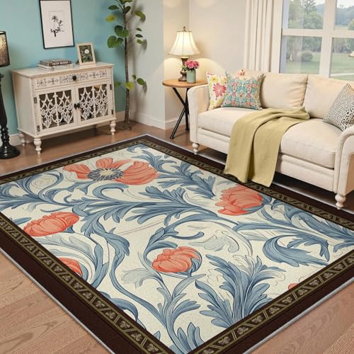 Tapis antidérapant lavable en machine bleu fleurs d'orange