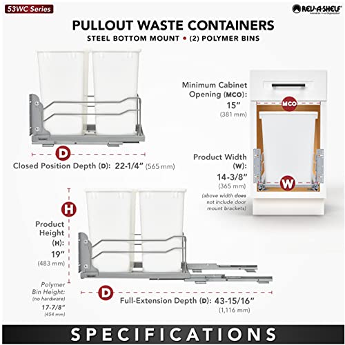 Rev-A-Shelf Double Trash Can Under Kitchen Cabinets Pullout, 35 Quart 8.75 Gallon with Soft-Close Slides, White, 53WC-1835SCDM-211