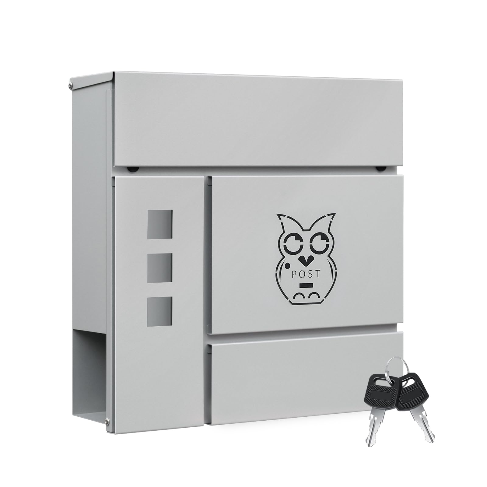 WOLTU XXL Briefkasten, Postkasten mit Zeitungsfach, Aufkleber gegen unerwünschte Werbung, Sichtfenster, Wandbriefkasten abschließbar, 2 Schlüssel, modern, einfache Montage, 10,5 x 37 x 37 cm, Grau