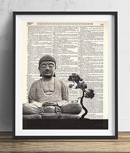 Buddha With Tree, Vintage Dictionary Art Print, Modern Antique Wall Art For Home Decor, Boho Art Print Poster, Zen Yoga Studio Meditation Wall Decor 8x10 Inches, Ready to Frame