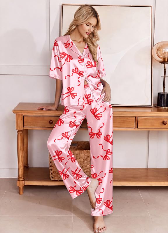 Image of Ekouaer Silk Satin Pajamas Set Women Short Sleeve Pj Sets Button Down Sleepwear 2 Piece Soft Loungewear S-XXL