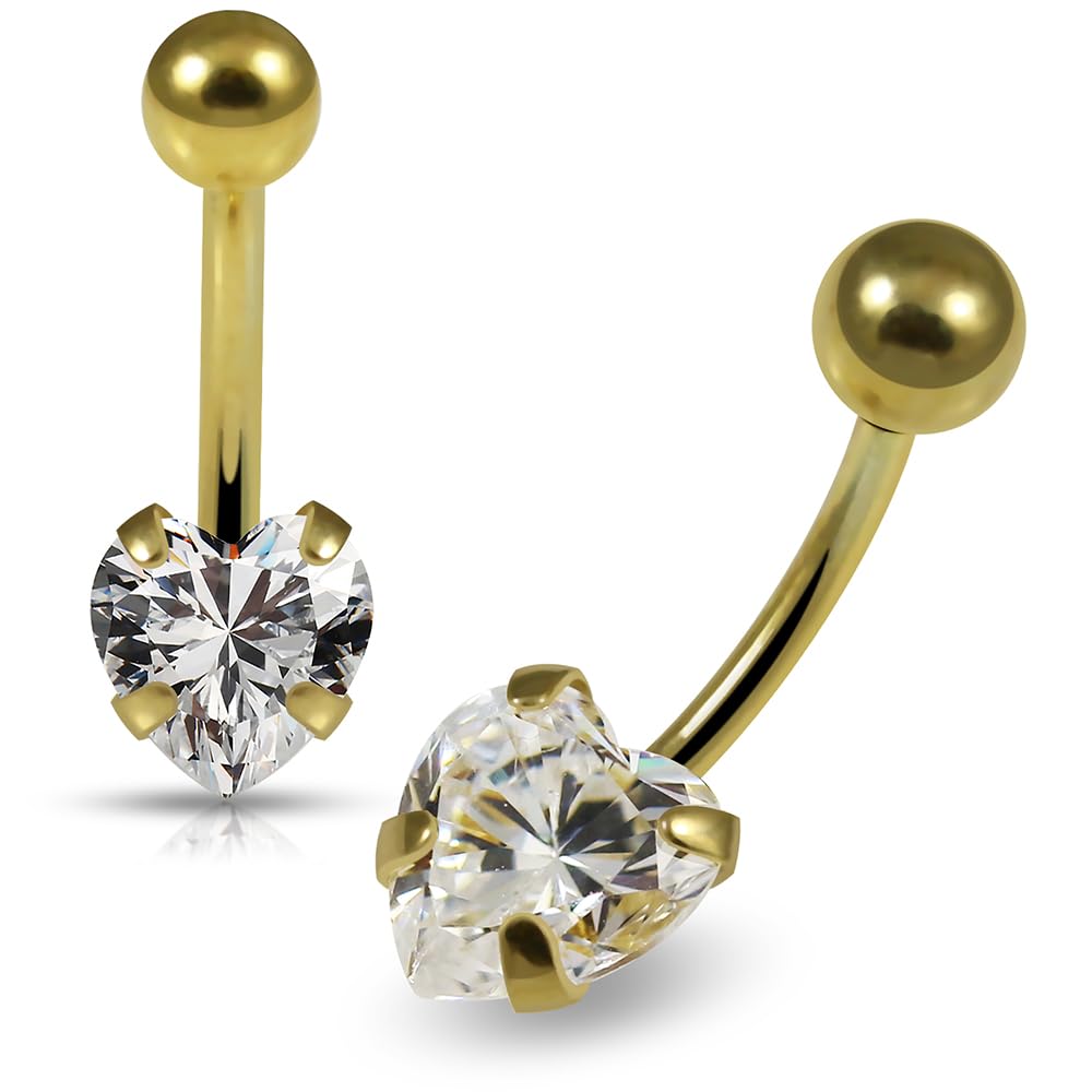 Piercing para ombligo de oro amarillo macizo de 14 quilates con circonita cúbica en forma de corazón, joyería para ombligo, joyería para ombligo, anillos curvados de oro