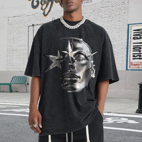 Bobeutou Men's Graphic Tees Acid Wash Tshirt Oversized T-Shirt Vintage Shirt Streetwear Casual Cotton Loose Fit Tee Tops4