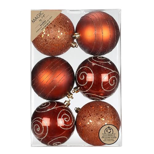 Inge-glas Weihnachtskugeln Kunststoff 8cm 6er Set - bruchsicher & mit Glitzer Muster - Große Christbaumkugeln für Weihnachtsbaum - Weihnachtsbaumkugeln & Christbaumschmuck Kupfer - Roasted Almond
