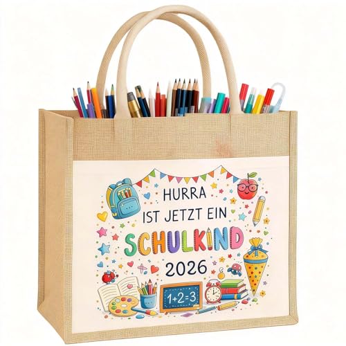 Geschenktüte Einschulung Jutetasche Hurra Schulkind 2026 Mädchen Mit Schleife Schultüte Alternative Zum Schulanfang Geschenk Tasche Für Schulstart Feier Deko 31x27x16 Cm