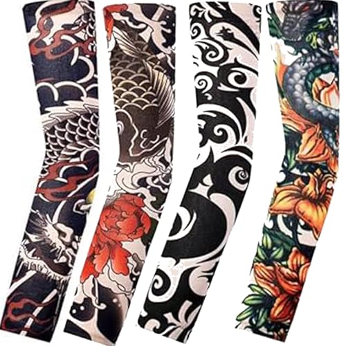 Yeesabella 4 Stück Arm-Tattoos für Männer und Frauen, Unisex, Party, Tribal-Totem-Tattoos, Ärmel für Outdoor, Radfahren, Basketball, Sonnenschutz, Nylon, Stretch, bunt, Nicht, non