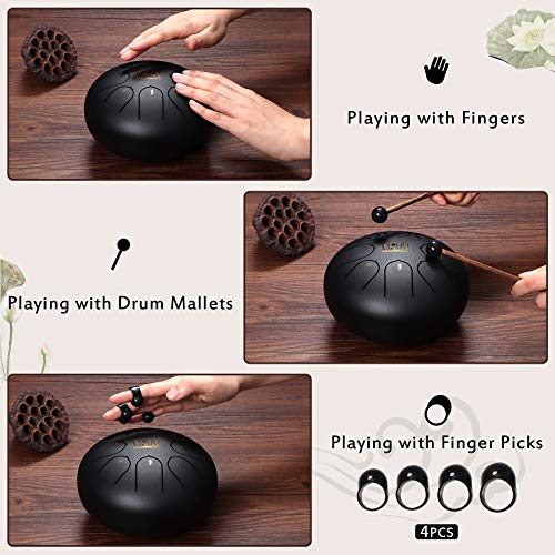 Four Uncles Steel Tongue Drum, Percussion Instrument Handpan Drum C Key With Bag, Music Book And Mallets For Meditation Entertainment Musical Education Concert Mind Healing Yoga (6 Inch, Black) #TOP2