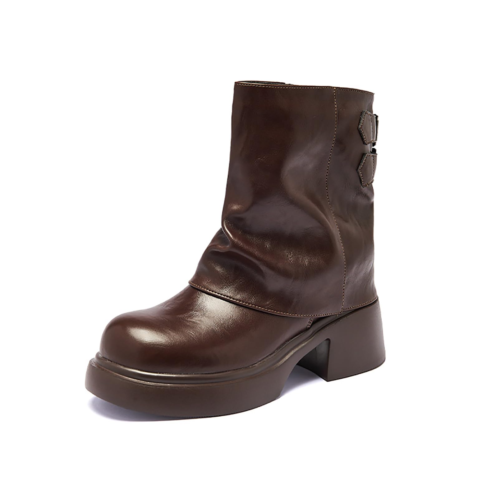 Womens Fold Over Ruched Mid Calf Boots Platform Chunky Slouchy Boots Round Toe Wide Calf Moto Boots Pull