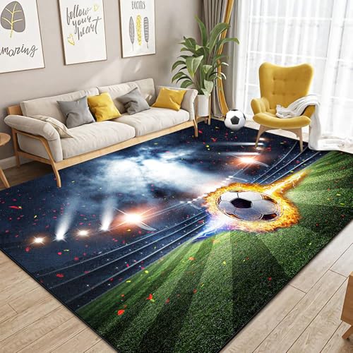 Dai Lufei Alfombra de juegos con campo de fútbol, antideslizante, diseño de fuego de hielo, fútbol 3D, con llamas, para habitación infantil, 100 x 150 cm