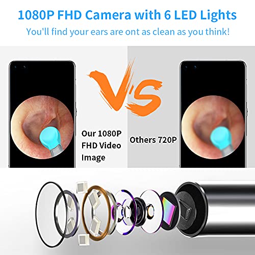 Ear Wax Removal,Earwax Remover Tool with 1080P FHD Wireless Wfi Ear Camera and 6 LED Lights,Visual Waterproof Ear Cleaner for iPhone, iPad & Android Smart Phones, with Ear Pick Ear Cleaning Kit