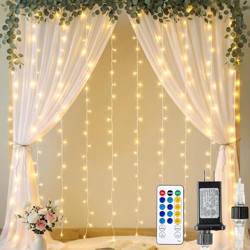 HEYFUNi 6.6FT x 6.6FT Warm White Curtain Lights Plug in, 200 LED