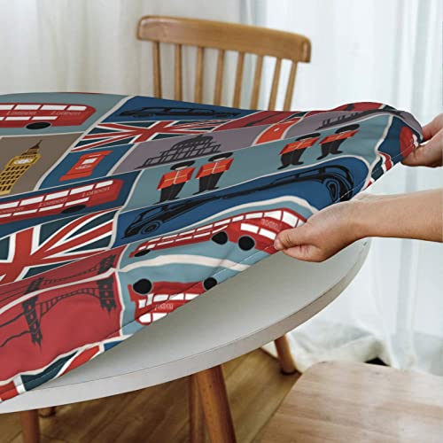 Celuce England Symbols Printed Round Tablecloth Elastic Edge Design Wrinkle-Proof And Oil-Proof Washable Suitable For 40-50 Inch Round Table #TOP5