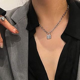 Yienate Punk Lock Necklace Chain Silver Dainty Padlock Pendant Fashion Statement Charm Necklace Minimalist Jewelry for Women and Girls