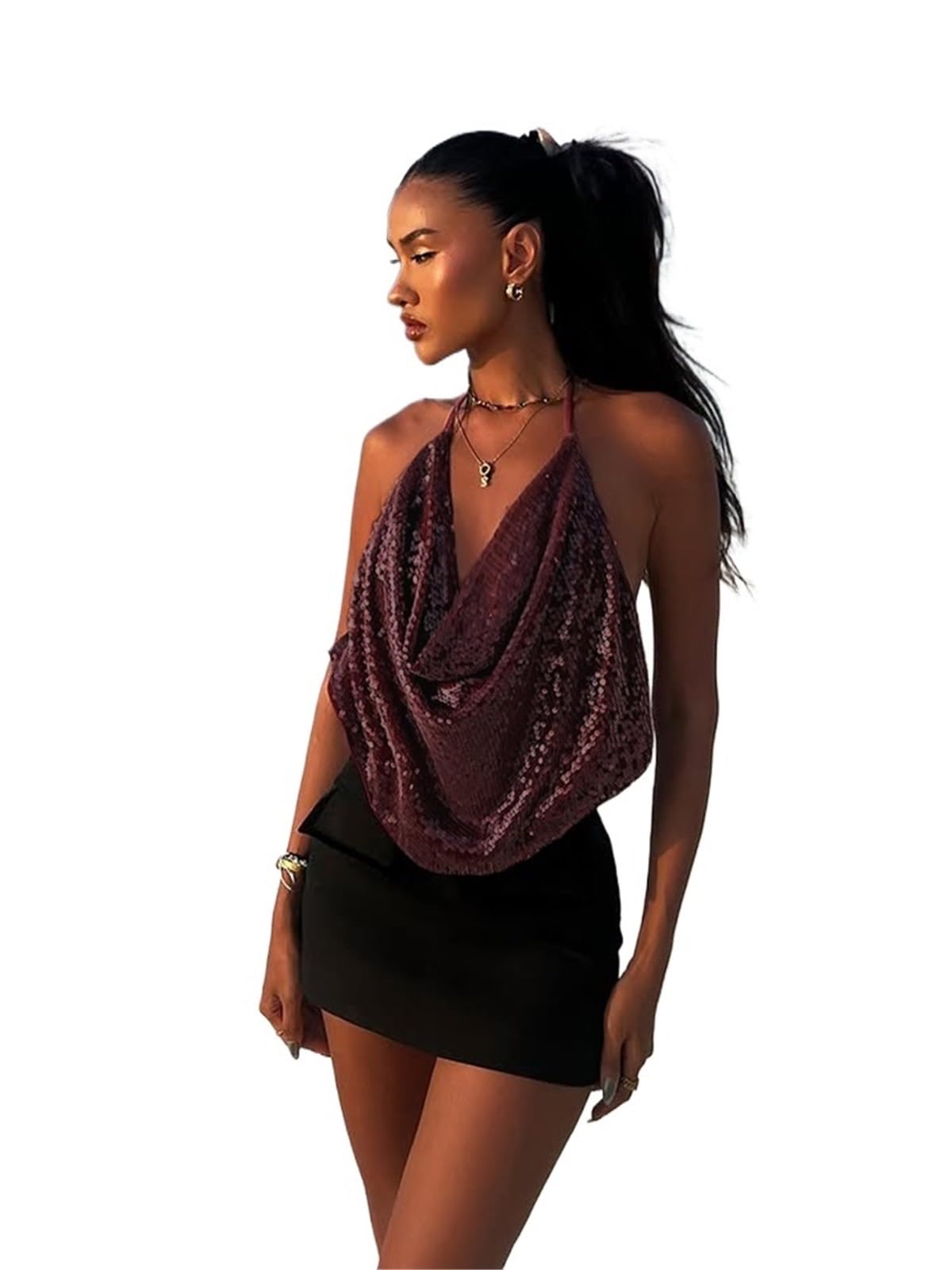 Crop Top Donna Canotta Sexy con Paillettes e Colletto a Volant, da Donna, con Glitter, for Spiaggia, Vacanze, Club, Tendenza Estiva