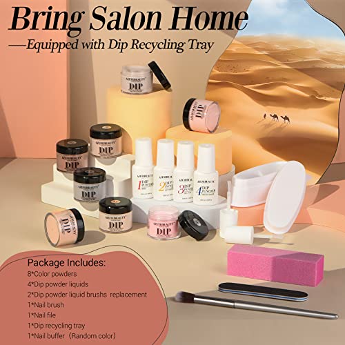 18Pcs Dip Powder Nail Kit Starter Pro- Azurebeauty 8 Colors Nude Brown Skin Tones Pink Neutral Dipping Powder System, Recycling Tray With Base & Top Coat Activator For French Nail Art Manicure Mothers Day Gift #TOP5