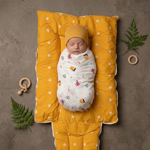 Image of 3-in-1 Baby Sleeping Bag & Carry Nest - Yellow Unisex Baby Nest + 100% Cotton Swaddle Wrap 0-3 Months, Orange Daisy Design - Skin-Friendly, Breathable, Multi-Purpose Bedding Set for Newborns