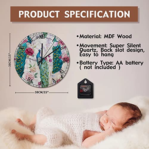 Horloge murale violette en forme de paon de 38 cm pour salon