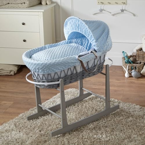For Your Little One Wicker Moses Basket with Rocking Stand 83 x 49 cm Hand-woven Natural Hypoallergenic Mattress Grey Wicker/Dimple Pattern (Blue)