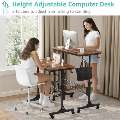 Image of Small Portable Rolling Standing Desk - 32 Inch Adjustable Height Mobile Stand Up Desks with Wheels for Treadmill Walking Pad, Teacher Podium for Classroom, Couch Sofa Side Laptop Table, Rustic Brown