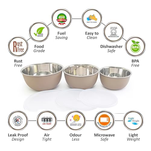 Image of Microwave Safe Stainless Steel Food Storage Container with Lid | Euro Mixing Bowl Set for Kitchen | 500ml, 750ml, 1250ml | Pack of 3 | Leak-Proof (Sand Brown 3)
