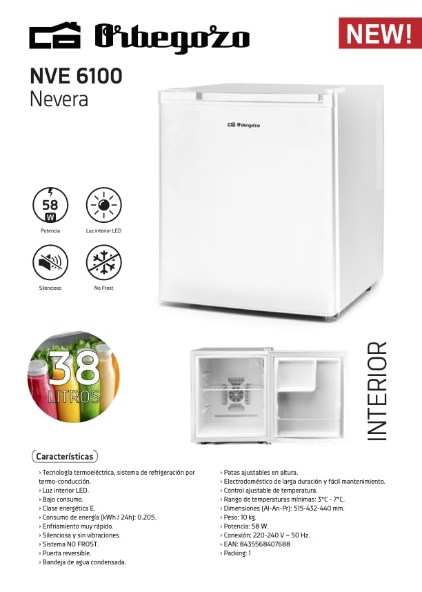 Orbegozo Nevera portátil NVE 6100, 38 Litros, Tecnología termoeléctrica, blanca, sistema no frost, 58 W