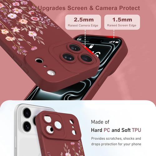 Image of Designed for iPhone 17 Pro Case Flower for Women, Wine Red | Cute Floral Pattern Liquid Silicone Phone Case [Full Camera Protection] Slim Soft TPU Protective Cover