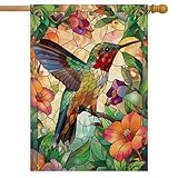 Stained Glass Spring Summer Hummingbird House Flag 28x40 Double Sided Large Burlap Garden Flag Flower Yard Flags for Outside Decorations