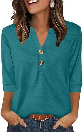 OFEEFAN Womens Tops 3/4 Sleeve Henley Shirts for Women Summer Outfits Fashion Clothing