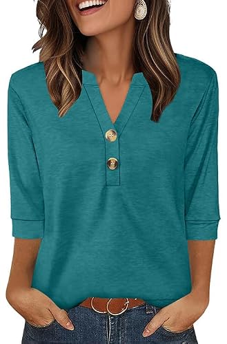 OFEEFAN 3/4 Length Sleeve Womens Tops Business Casual Summer Ouffit Work Office Henley Tshirts Shirts Loose Fit Turquoise XL