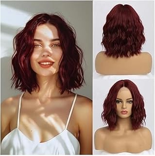 باروكة شعر قصير، شعر صناعي، طول يصل إلى الكتف، قصة مموجة ومصممة بفرق في المنتصف، تناسب النساء ذوات البشرة السمراء، بكثافة 180%، لون أحمر واين، طول 35 إلى 40 سم، JW51-J99