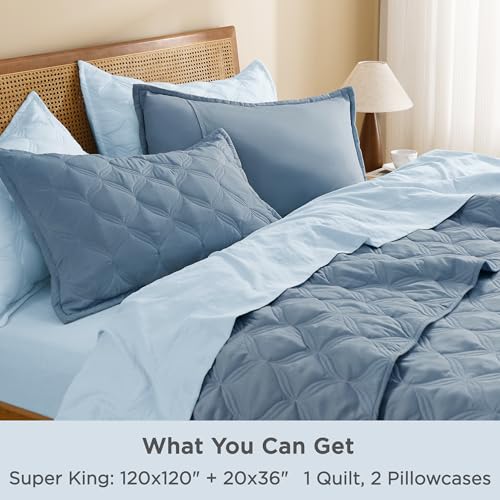 Image of Litanika Oversized King Quilt Bedding Set, 128x120 Inch Super King Grayish Blue Comforter Bedspreads Lightweight Bed Coverlets Boho Bedding Cover Decor All Season,3 Pieces (1 Quilt, 2 Pillowcases)