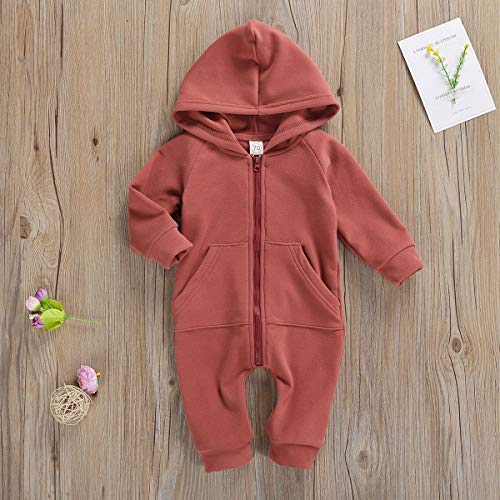 Kmbangi 0-24 Months Baby Girl Boy Zip Up Jumpsuit Hoodie Sweatshirt Romper Long Sleeve Coat With Pocket Warm Fall Winter Outfit (Brick Red, 0-3 Months) #TOP6