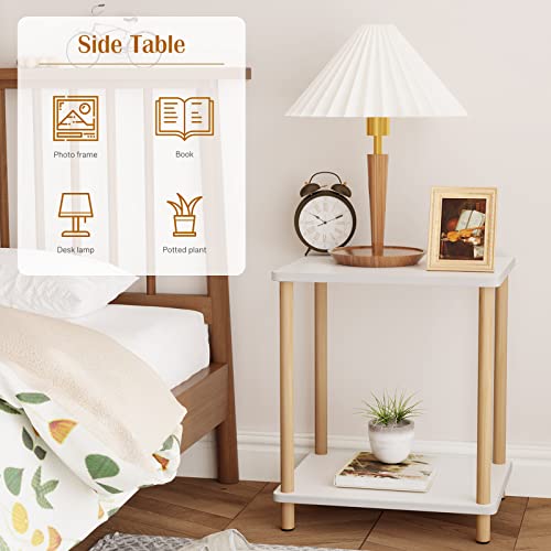 Fixwal Side Table 2-Tier Tall End Table With Storage Rack Wooden Nightstand White Bedside Table For Living Room Bedroom Office No-Tool Assembly #TOP4