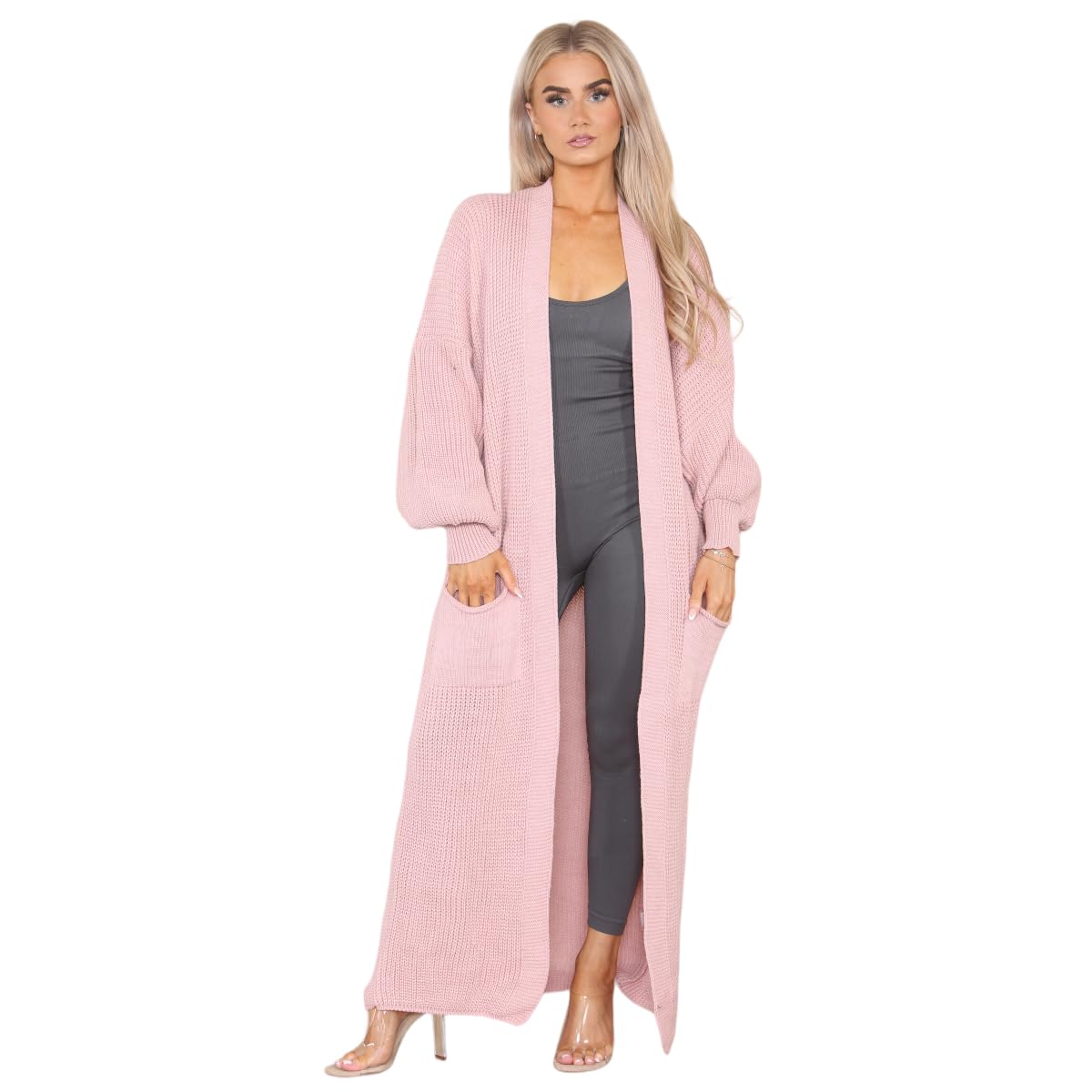 celebmodelook Womens Balloon Sleeve Cardigan Ladies Chunky Knitted Open Front Winter Oversized Long Maxi Cardigan Nude