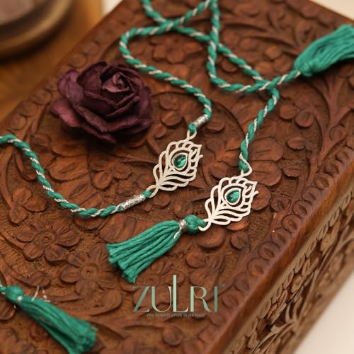 Image of 92.5 Sterling Silver Peacock Feather with Stone Thread Rakhi For Rakshabandhan | Rakhi With Fragrance Greeting Card & Roli Chawal and Silver Certificate of Authenticity