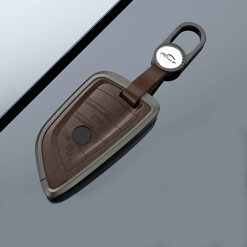 KMH Aluminium Alloy with Leather Car Key Cover Compatible for BMW Blade Smart Key