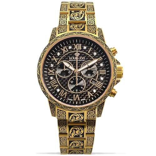 LOUIS XVI Palais Royale Inked 1702 - Ø 43 mm - Herren Uhr - Wasserdicht - Mit Saphirglas - Armband Gold - Zifferblatt Römisch Schwarz mit Diamanten - Schweizer Quarzwerk