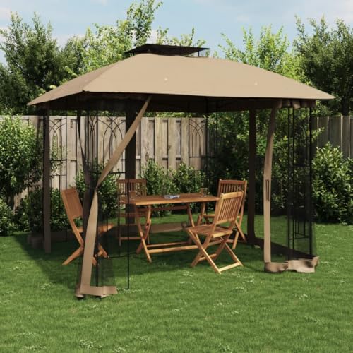 Tidyard Tonnelle avec Double Toit et parois en Filet Taupe Acier Tonnelle de Jardin Belvédère de Réception, Gazebo Pavillon de Extérieur, Chapiteau pour Camping, Fête, Barbecue Style C