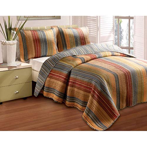 3pc Soft Cozy Brown Grey Yellow Red Full Queen Quilt Set, Cotton, Colorful Rich Warm Tones Striped Western Themed Bedding Blue Orange Green Modern Vibrant Stylish Rustic Cottage Cabin Bright