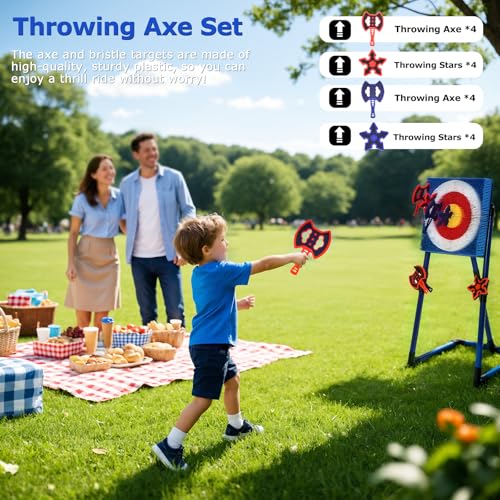 ZoLLa Axe Throwing Game for Backyard Fun,Safe Bristle Target with 4 Throwing Axes & 4 Throwing Stars,Yard & Outdoor Games for Kids and Family (Blue) — view 3