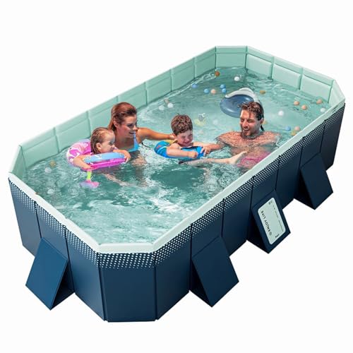 MEIGLQEA Foldable Non-Inflatable Swimming Pool for Kids Adults Family Hard Plastic Shell Collapsible Rectangle Swimming Pool for Backyard Outside Portable Dog (Dark Blue, 295cm)